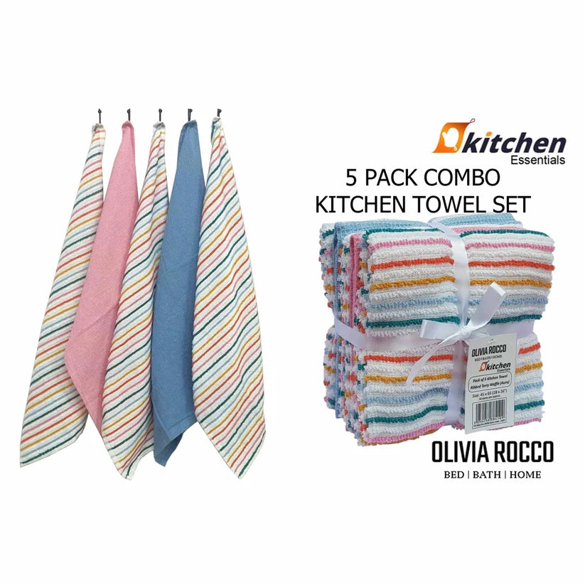 5 Pack Super Absorbent Cotton Kitchen Tea Towels Striped Quick Drying
