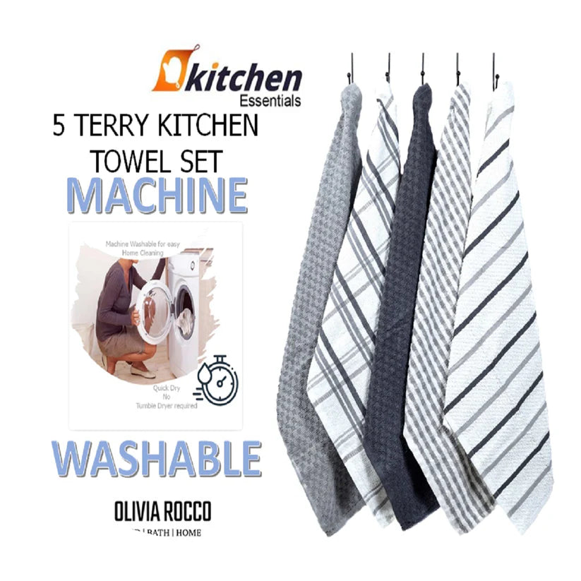 5 Pack Super Absorbent Check Quick Drying Cotton Terry Kitchen Tea Towels Durable Versatile Dish Towels for Home and Professional Use