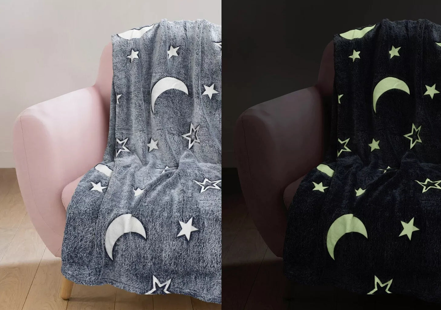 Blanket Glow In The Dark Grey Moon & Stars Soft Fleece Throw Kids Blanket