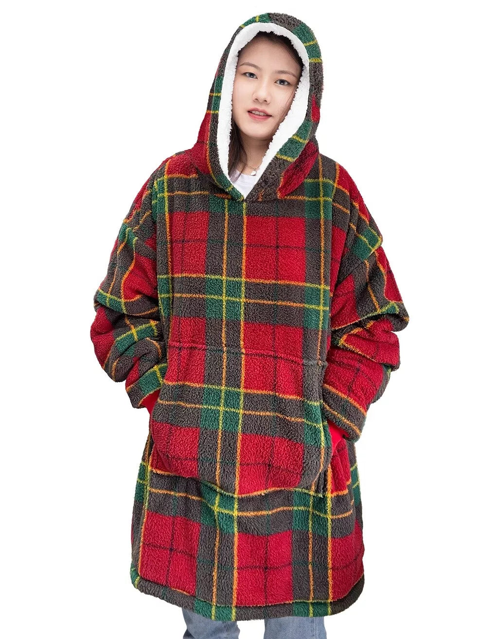 Oversized Tartan Check Hoodie Blanket – Wearable Teddy Fleece Hooded Blanket
