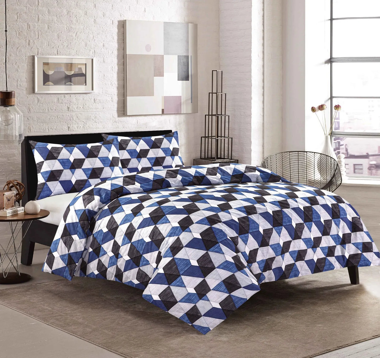 Blue Black Geo Printed Duvet Quilt Cover Bedroom Bedding Set Single Double King