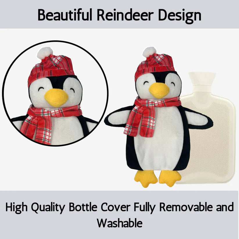 Christmas Hot Water Bottle with Festive Penguin Cover 1L Natural Rubber UK Safe Tested Winter Gift for Kids & Adults