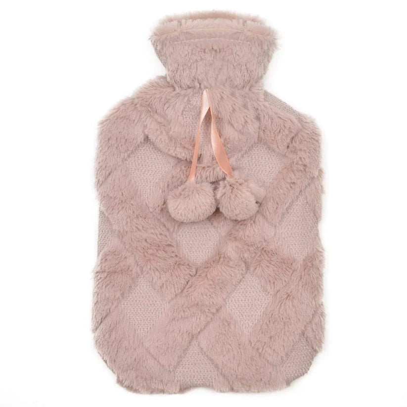 Diamond Fleece Plush Hot Water Bottle 2L with Pom Poms for Ultimate Warmth and Comfort
