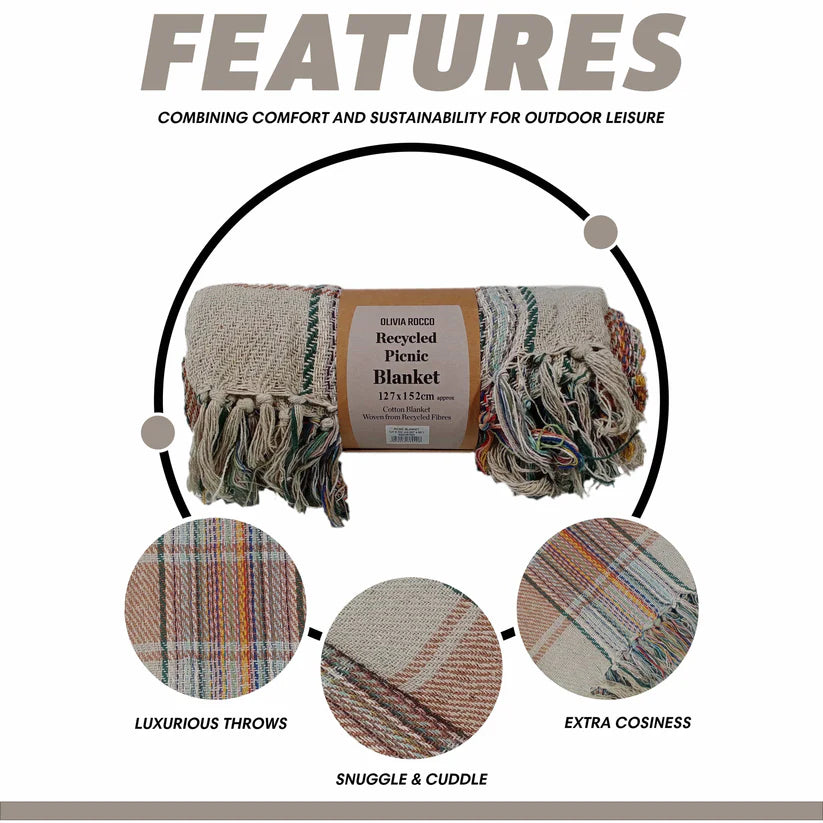 Eco-Friendly Recycled Cotton Picnic Blanket Check Stripe Design Super Soft Cosy