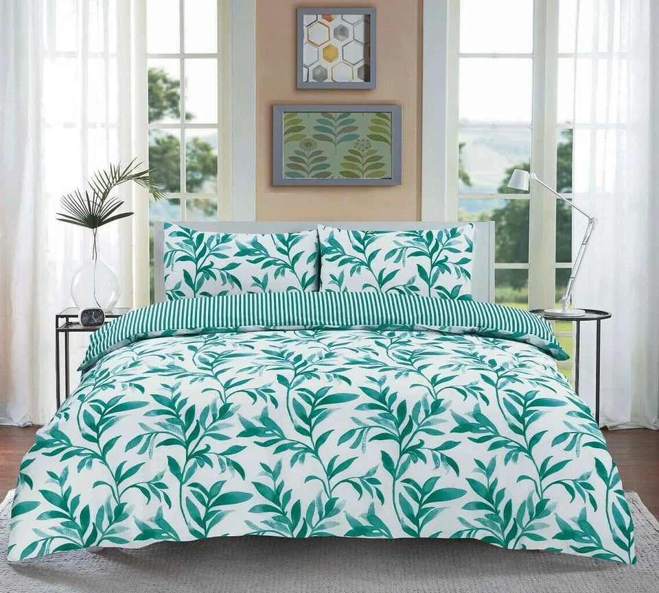 Ellie Leaf Floral Duvet Cover Set with Pillowcase Reversible Stripes Bedding Set
