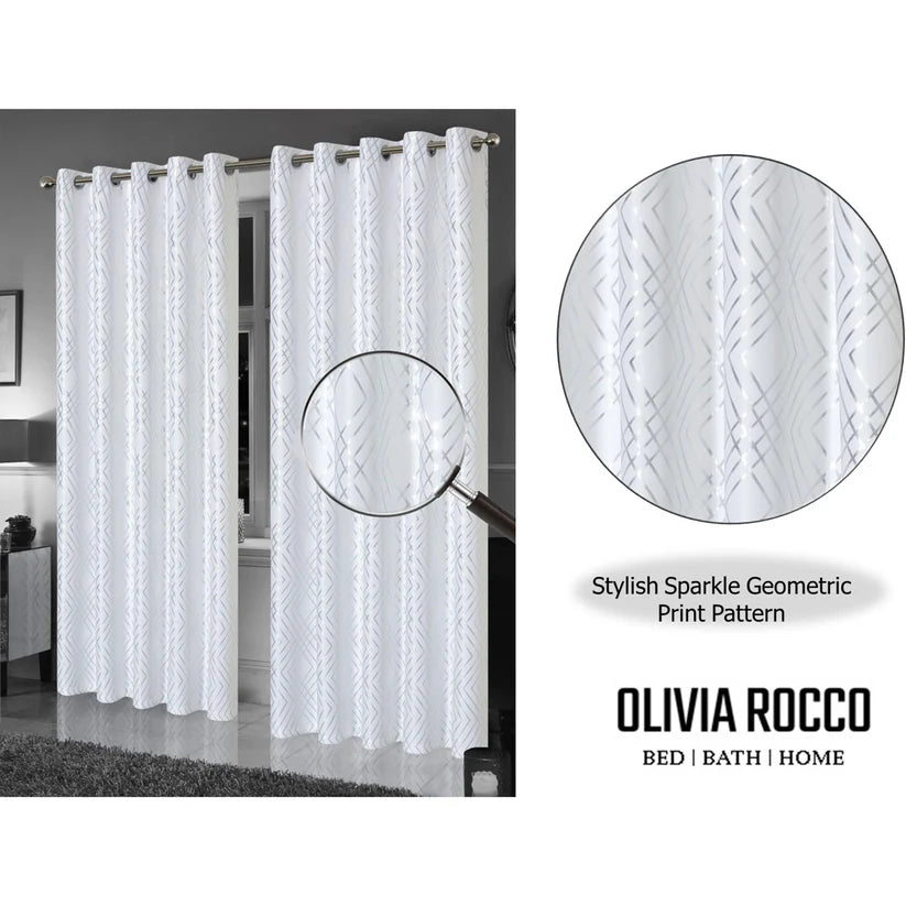 Geometric White Sparkle Blackout Curtains Soft Thermal Insulated Eyelet Ring Top Living Room & Bedroom Drapes
