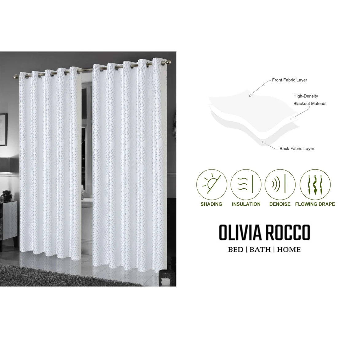 Geometric White Sparkle Blackout Curtains Soft Thermal Insulated Eyelet Ring Top Living Room & Bedroom Drapes