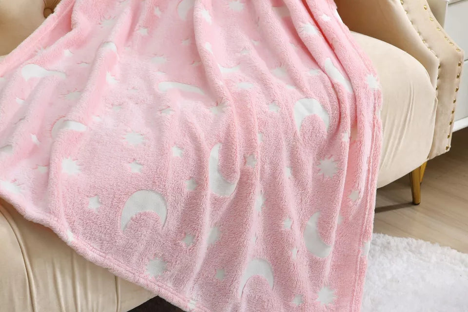 Glow In The Dark Throw Pink Moon & Stars Soft Cosy Fleece Kids Blanket Throw