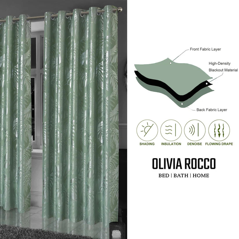 Leaf Sage Green Sparkle Blackout Curtains Super Soft Thermal Insulated Eyelet Drapes for Living Room & Bedroom 2 Panels