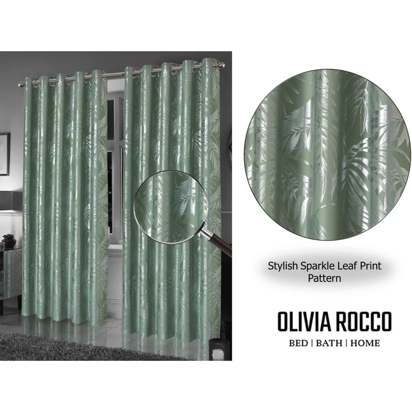 Leaf Sage Green Sparkle Blackout Curtains Super Soft Thermal Insulated Eyelet Drapes for Living Room & Bedroom 2 Panels