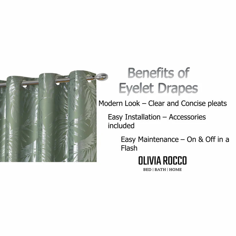 Leaf Sage Green Sparkle Blackout Curtains Super Soft Thermal Insulated Eyelet Drapes for Living Room & Bedroom 2 Panels