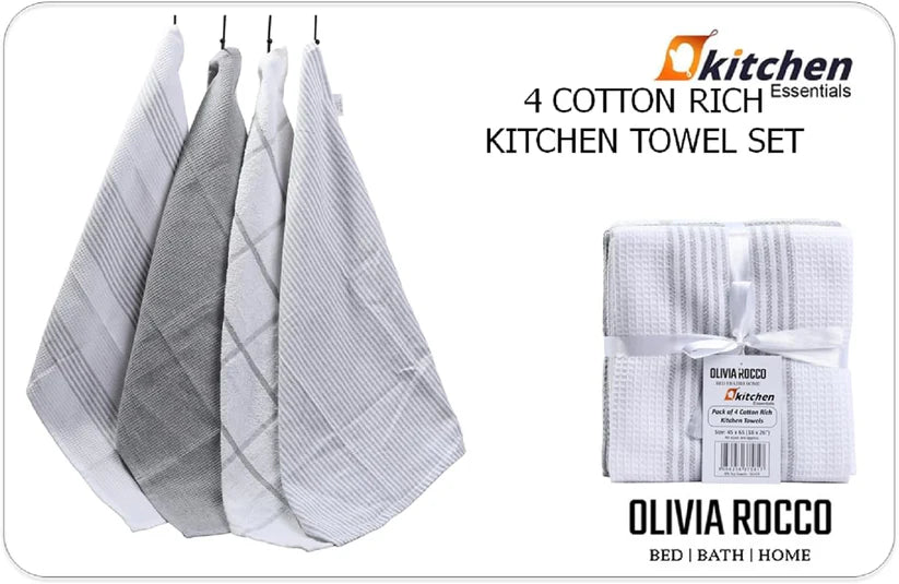 Pack of 4 Green Cotton Tea Towels for Drying Dishes and Cleaning Spills High Absorbency