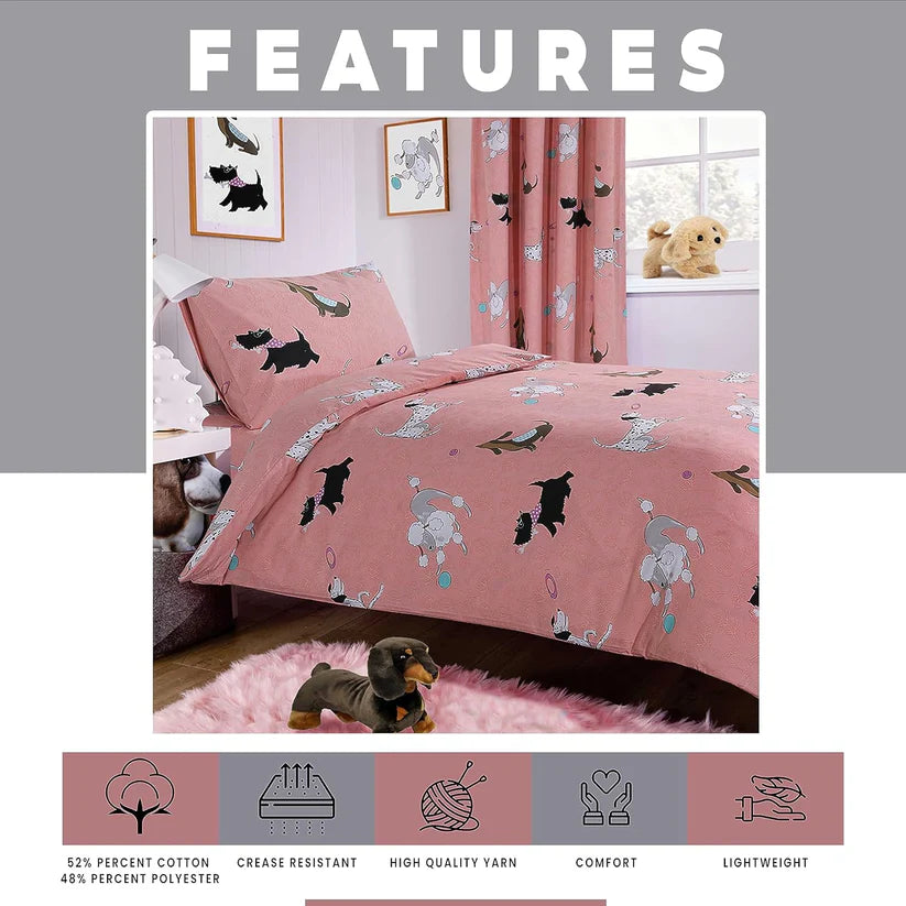 Pink Dog Print Duvet Cover Set with Matching Curtains Cosy Cotton Blend Bedding