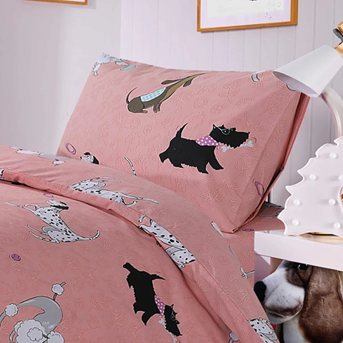 Pink Dog Print Duvet Cover Set with Matching Curtains Cosy Cotton Blend Bedding