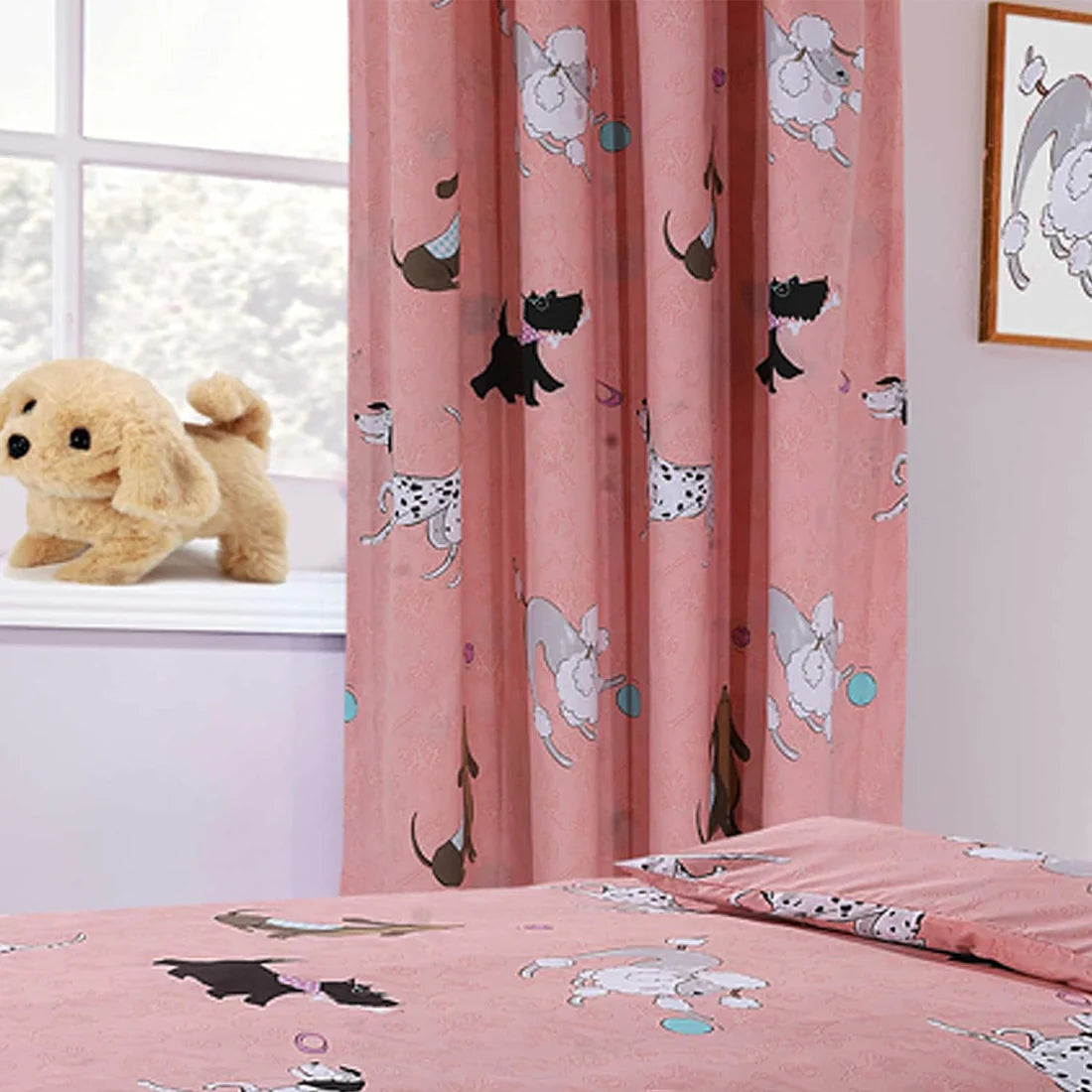 Pink Dog Print Duvet Cover Set with Matching Curtains Cosy Cotton Blend Bedding