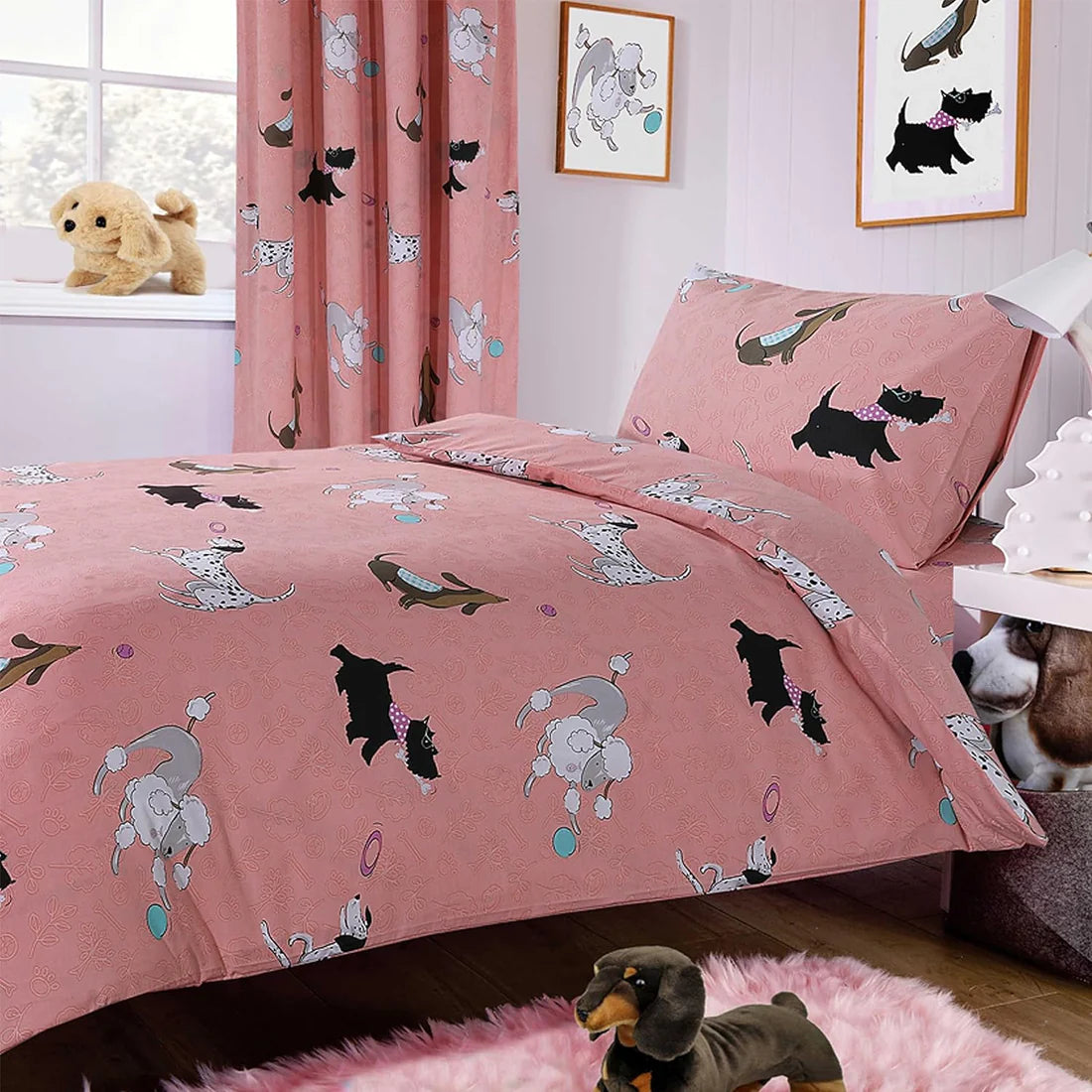 Pink Dog Print Duvet Cover Set with Matching Curtains Cosy Cotton Blend Bedding