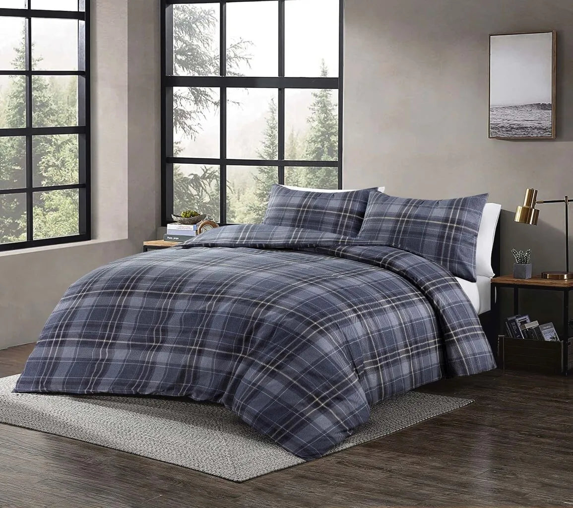 New Check Indigo Tartan Duvet Cover & Pillowcase Set Polycotton Check Bedding