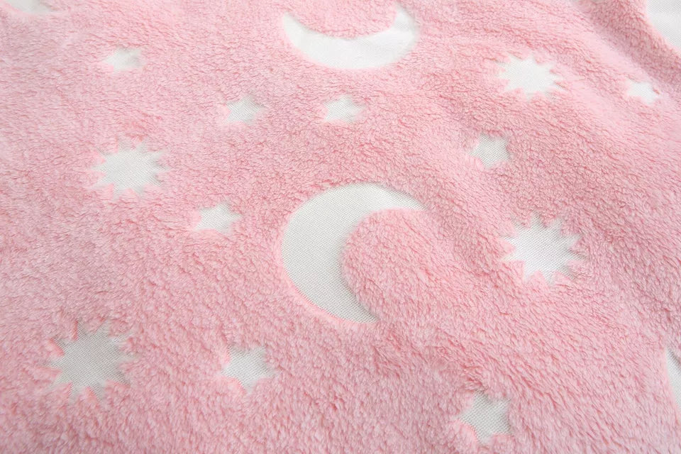 Glow In The Dark Throw Pink Moon & Stars Soft Cosy Fleece Kids Blanket Throw