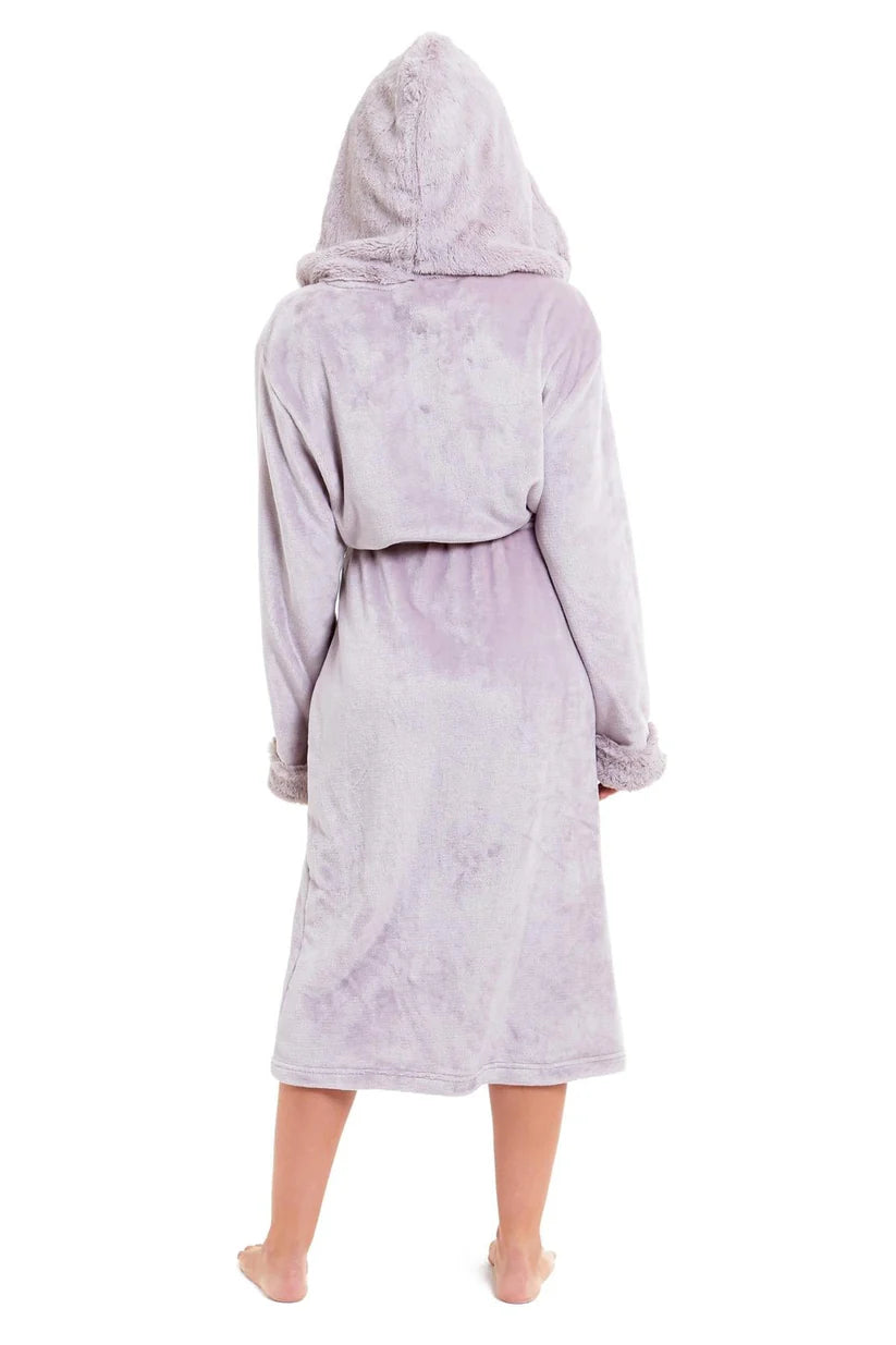 Super Soft Women's Faux Fur Hooded Bathrobe Plush Dressing Gown
