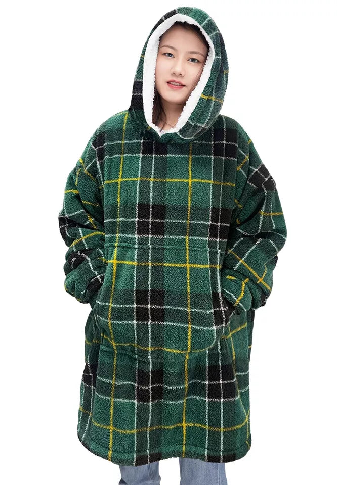 Oversized Tartan Check Hoodie Blanket – Wearable Teddy Fleece Hooded Blanket
