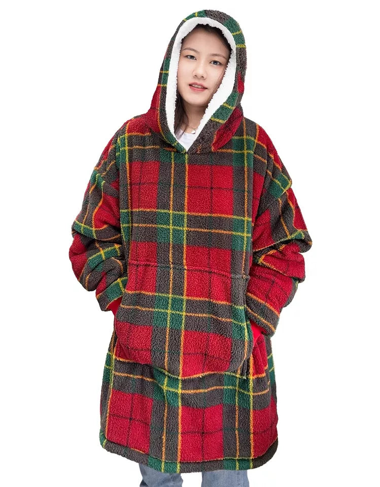 Oversized Tartan Check Hoodie Blanket – Wearable Teddy Fleece Hooded Blanket