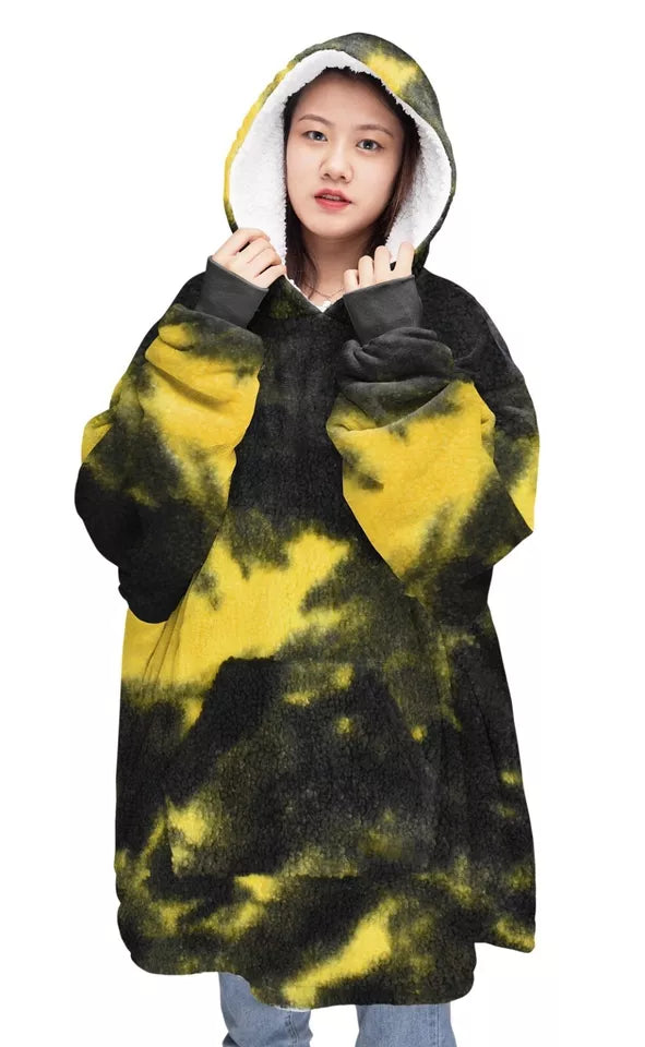 Teddy Oversized Blanket Tie Dye Black & Yellow Blanket Plush Sherpa Fur Fleece