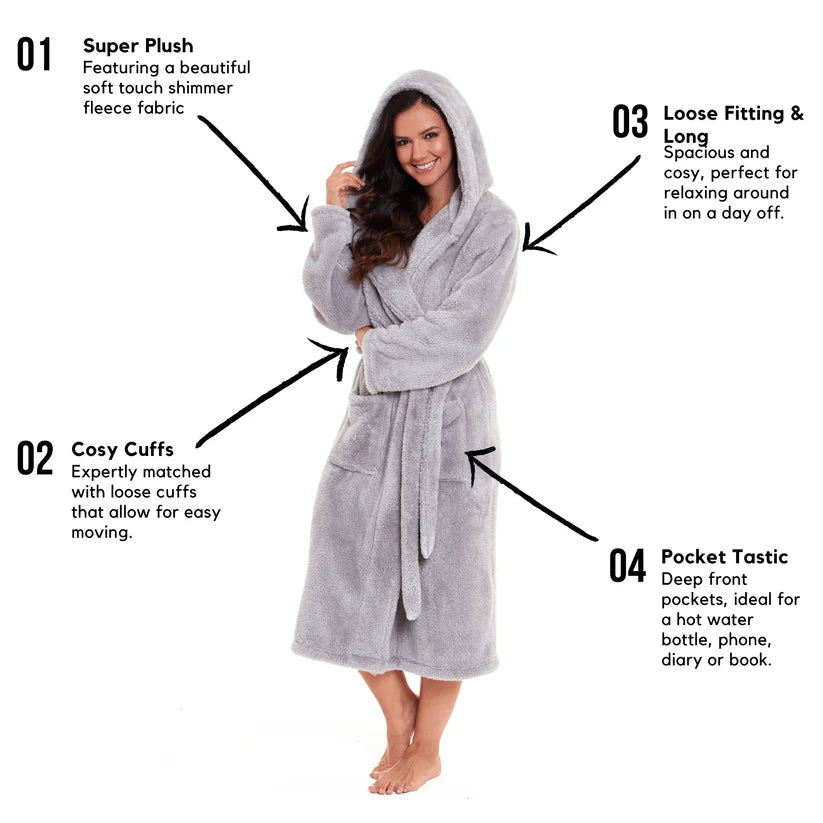 Women's Grey Velvet Touch Hooded Fleece Robe Soft Snuggle Lounge Wear