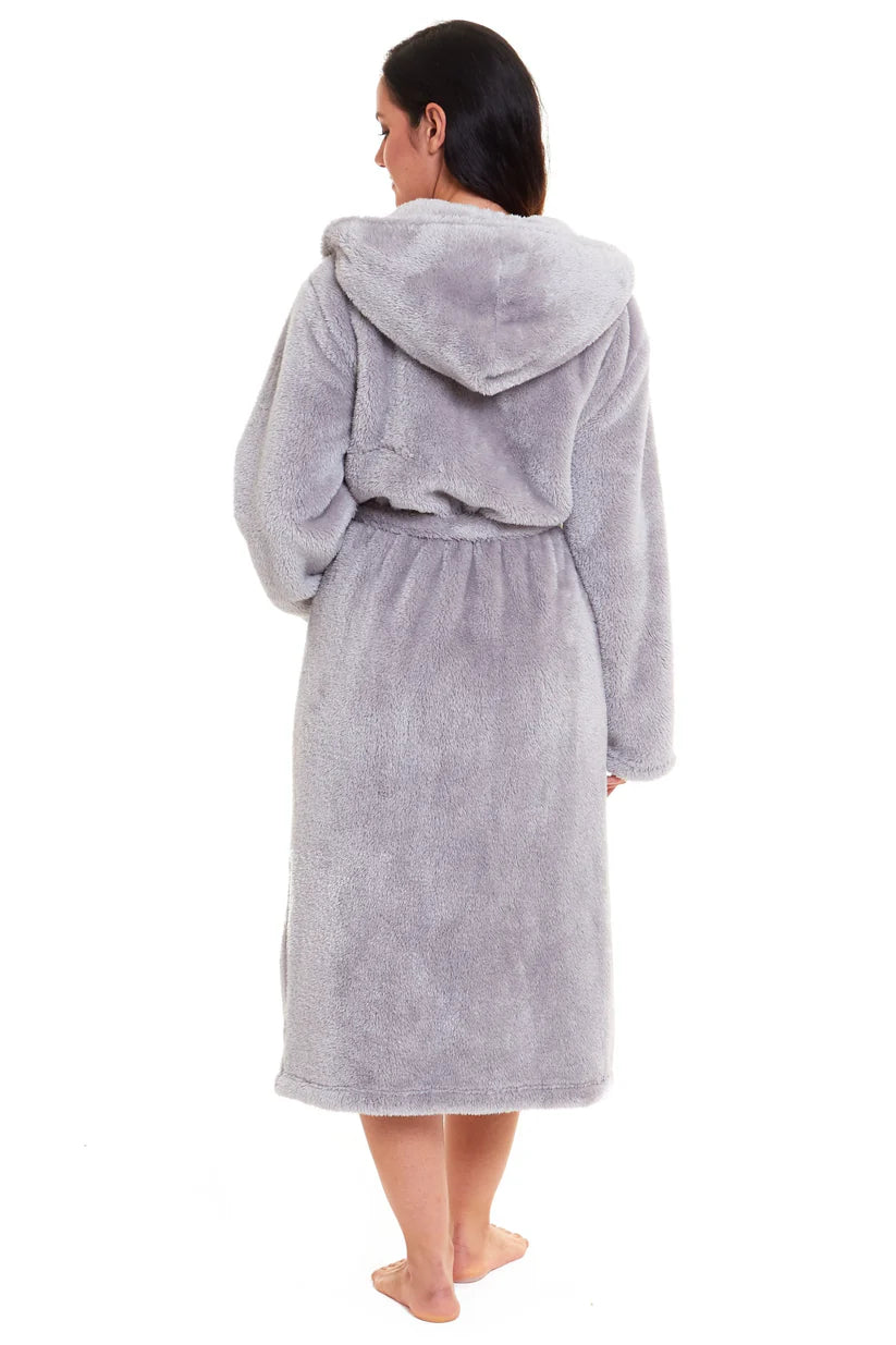 Women's Grey Velvet Touch Hooded Fleece Robe Soft Snuggle Lounge Wear