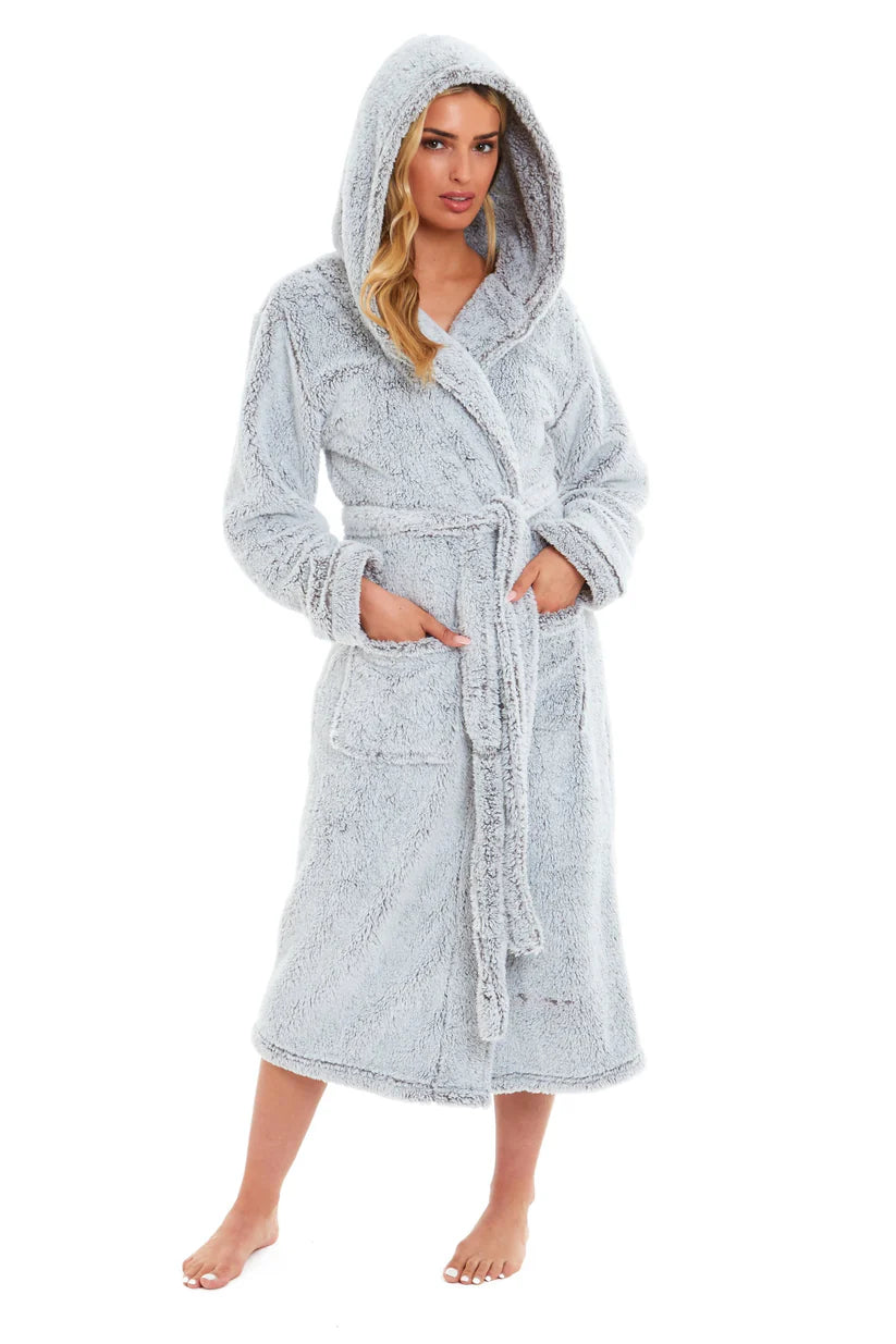 Women's Shimmer Grey Luxurious Velvet Fleece Hooded Dressing Gown