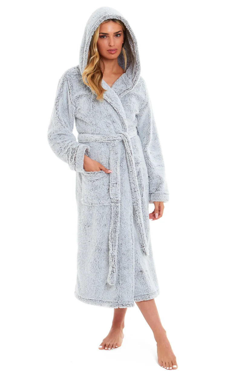 Women's Shimmer Grey Luxurious Velvet Fleece Hooded Dressing Gown