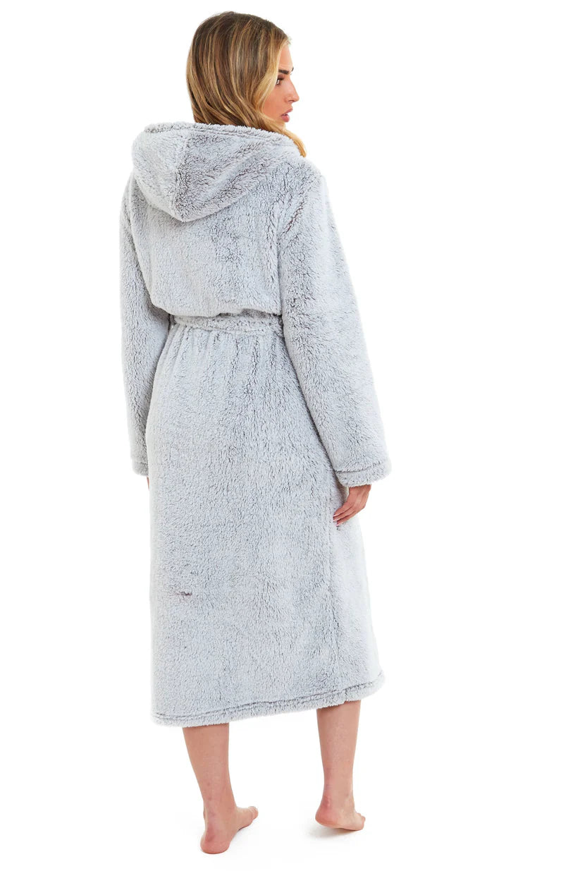 Women's Shimmer Grey Luxurious Velvet Fleece Hooded Dressing Gown