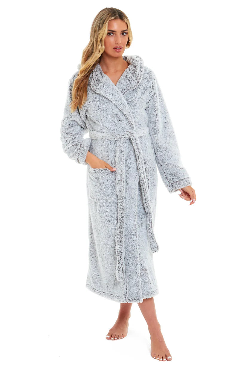 Women's Shimmer Grey Luxurious Velvet Fleece Hooded Dressing Gown