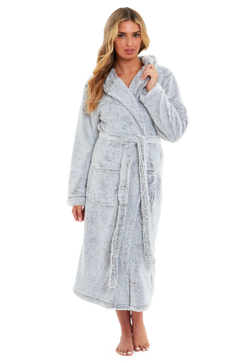 Women's Shimmer Grey Luxurious Velvet Fleece Hooded Dressing Gown
