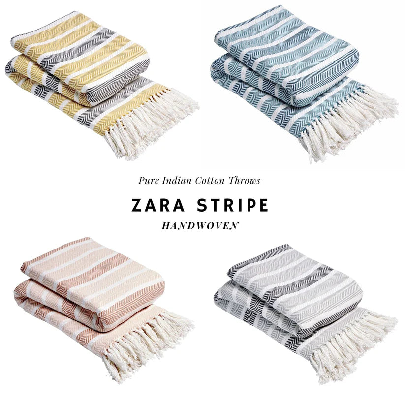 Stripe Handwoven Pure Cotton Throw Blanket with Tassels Eco-Friendly