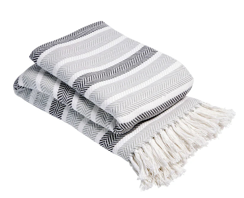 Stripe Handwoven Pure Cotton Throw Blanket with Tassels Eco-Friendly