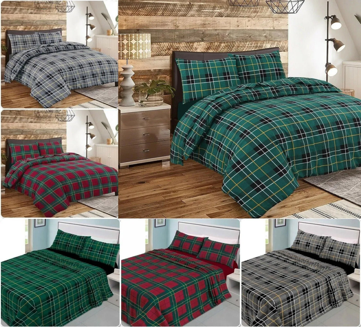 100% Cotton Flannel Tartan Check Duvet Quilt Cover Bed Sheet Set