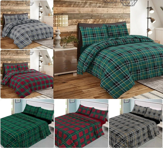 100% Cotton Flannel Tartan Check Duvet Quilt Cover Bed Sheet Set
