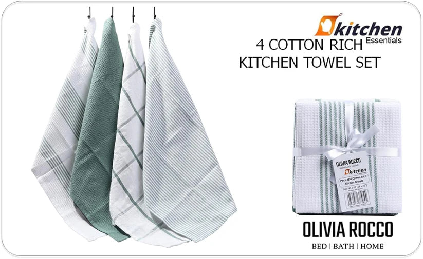 Pack of 4 Green Cotton Tea Towels for Drying Dishes and Cleaning Spills High Absorbency