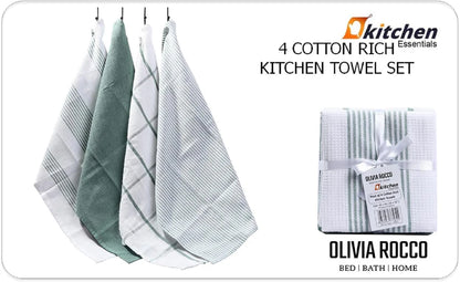 Pack of 4 Green Cotton Tea Towels for Drying Dishes and Cleaning Spills High Absorbency