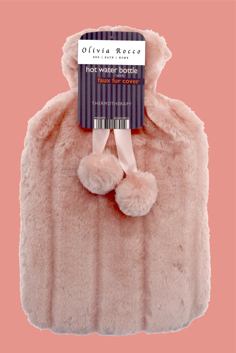 2L Soft Plush Hot Water Bottle with Faux Fur Pom Pom Cover for Pain Relief and Warmth Durable Rubber Cosy Winter Comfort
