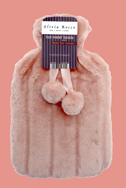 2L Soft Plush Hot Water Bottle with Faux Fur Pom Pom Cover for Pain Relief and Warmth Durable Rubber Cosy Winter Comfort