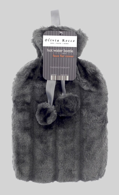 2L Soft Plush Hot Water Bottle with Faux Fur Pom Pom Cover for Pain Relief and Warmth Durable Rubber Cosy Winter Comfort