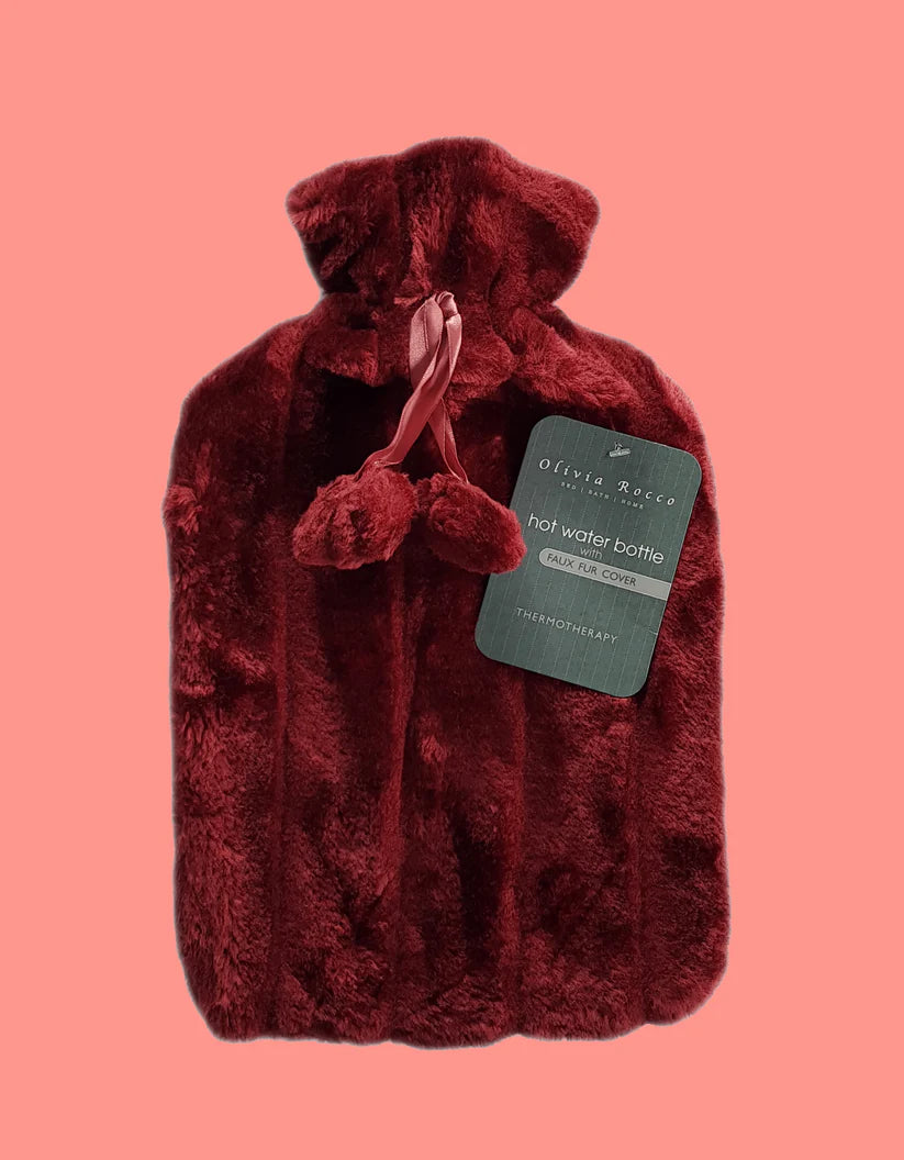 2L Soft Plush Hot Water Bottle with Faux Fur Pom Pom Cover for Pain Relief and Warmth Durable Rubber Cosy Winter Comfort
