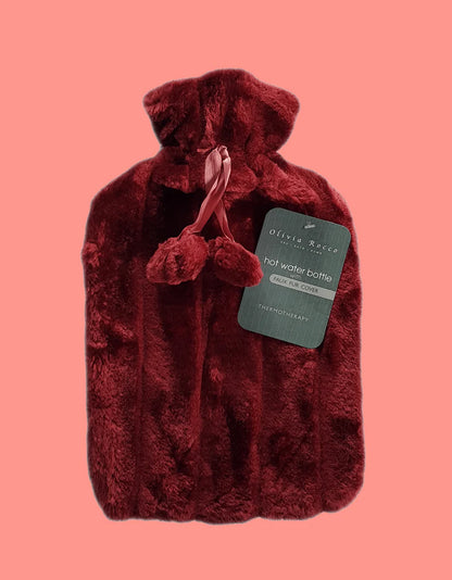 2L Soft Plush Hot Water Bottle with Faux Fur Pom Pom Cover for Pain Relief and Warmth Durable Rubber Cosy Winter Comfort