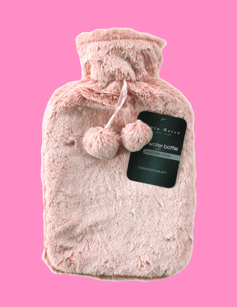 2L Soft Plush Hot Water Bottle with Faux Fur Pom Pom Cover for Pain Relief and Warmth Durable Rubber Cosy Winter Comfort