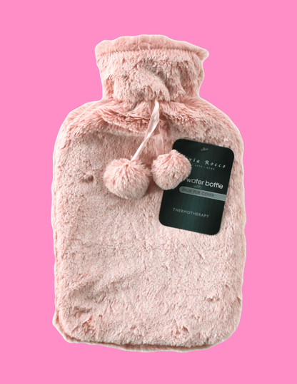 2L Soft Plush Hot Water Bottle with Faux Fur Pom Pom Cover for Pain Relief and Warmth Durable Rubber Cosy Winter Comfort