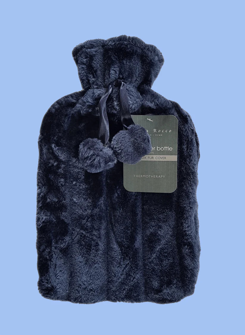 2L Soft Plush Hot Water Bottle with Faux Fur Pom Pom Cover for Pain Relief and Warmth Durable Rubber Cosy Winter Comfort