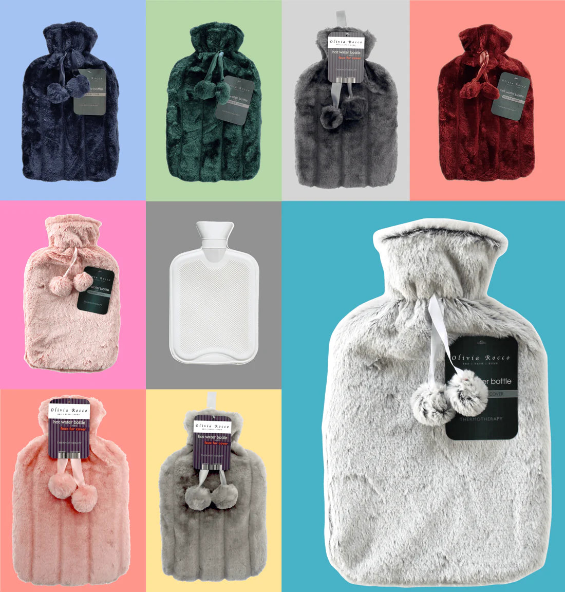 2L Soft Plush Hot Water Bottle with Faux Fur Pom Pom Cover for Pain Relief and Warmth Durable Rubber Cosy Winter Comfort