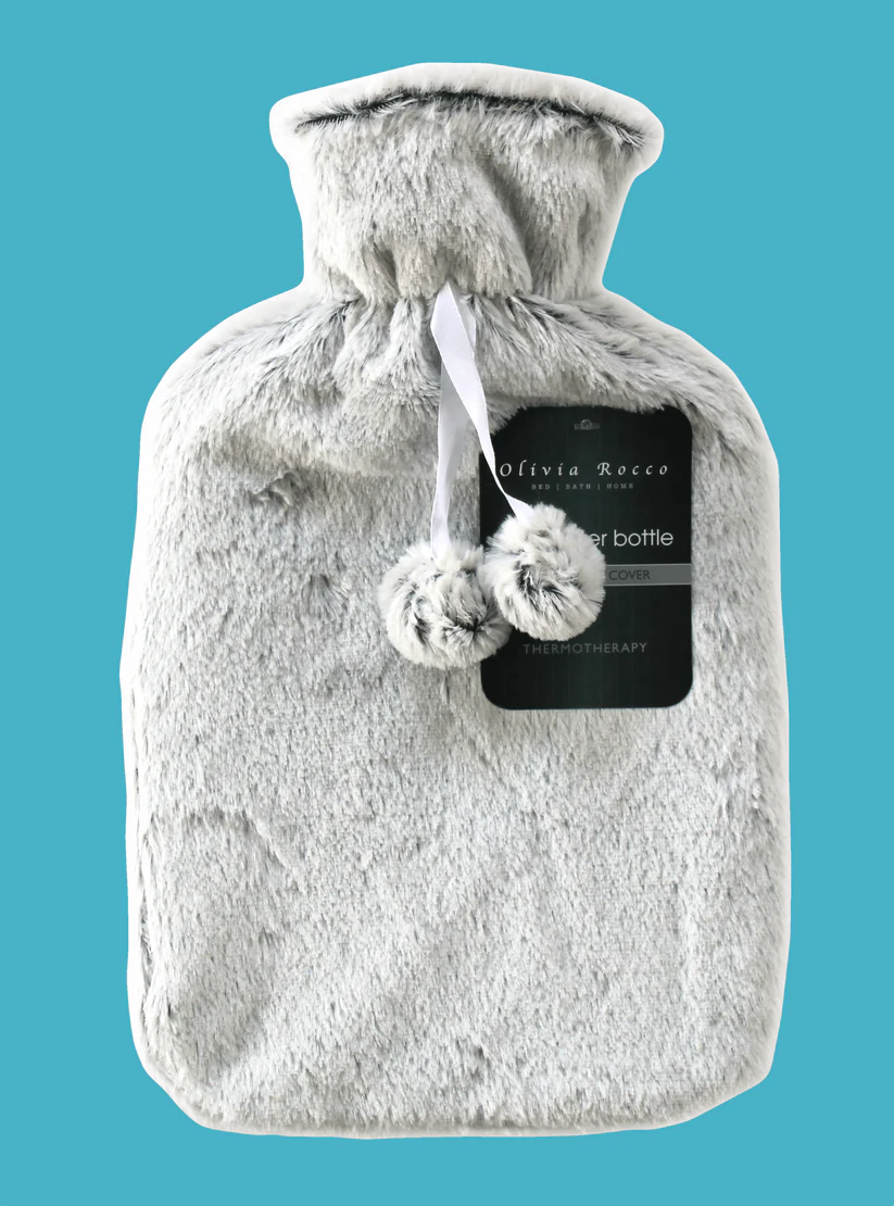 2L Soft Plush Hot Water Bottle with Faux Fur Pom Pom Cover for Pain Relief and Warmth Durable Rubber Cosy Winter Comfort