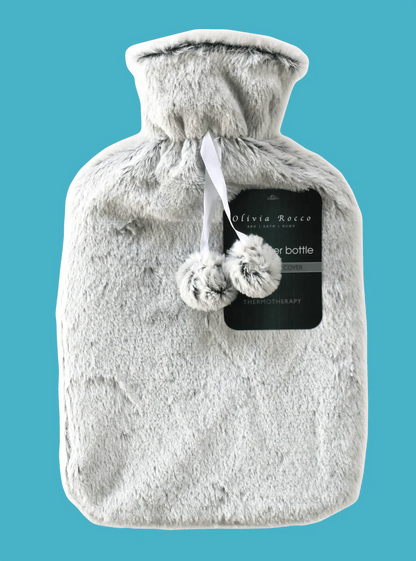 2L Soft Plush Hot Water Bottle with Faux Fur Pom Pom Cover for Pain Relief and Warmth Durable Rubber Cosy Winter Comfort